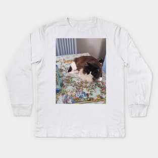 Tuxedo Cat Funny "Thanks for the Convenient Jijsaw Puzzle Box!" cats in boxes Kids Long Sleeve T-Shirt